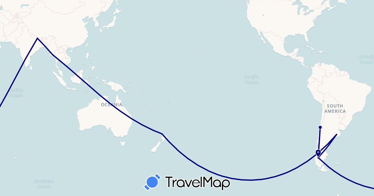 TravelMap itinerary: driving in Argentina, Chile, Myanmar (Burma), Nepal, New Zealand (Asia, Oceania, South America)